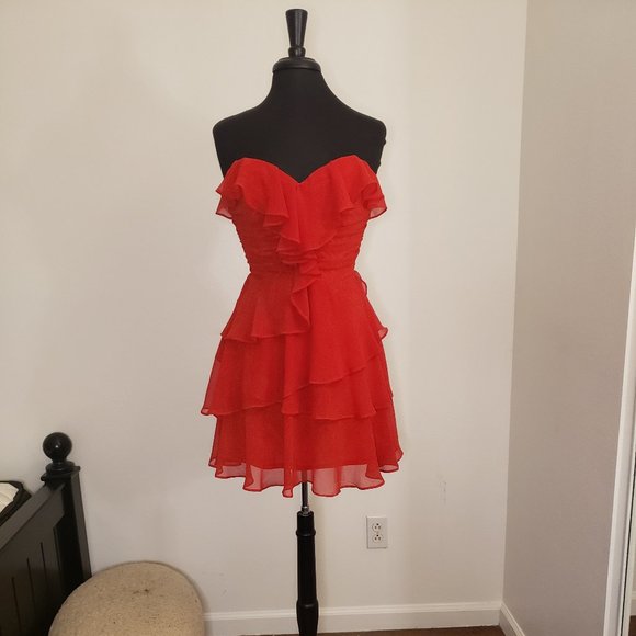 Red Strapless Ruffle Cocktail Dress - Picture 2 of 5
